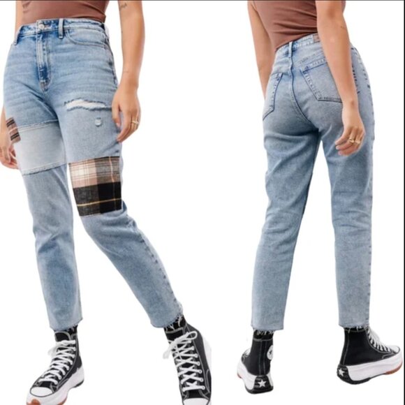 Hollister Denim - Hollister Ultra High Rise Ripped Patch Mom Jean Raw Hem Vintage Stretch 23x27 00